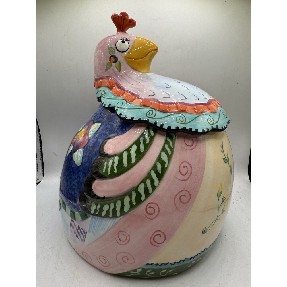 Fitz & Floyd Essentials Kitschy Goofy Eyed Gypsy Pattern Chicken Hen Cookie Jar